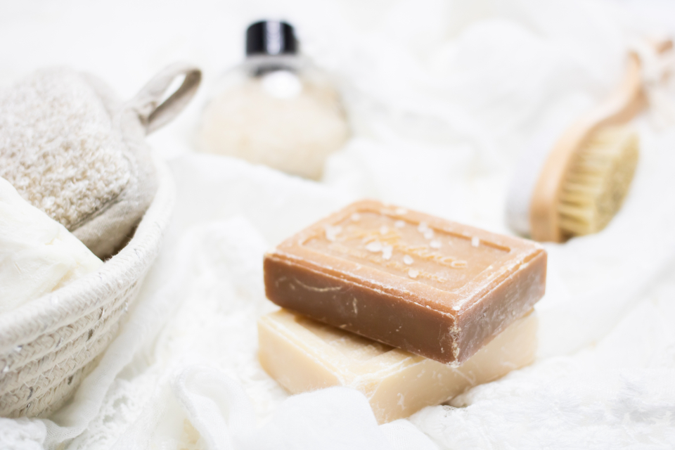 Natural soap bars, bath brush and body-care items - biodegradable body care collection