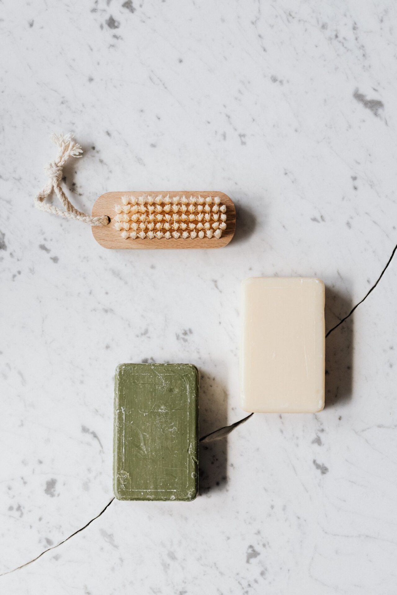 Natural soap bars, bath brush and body-care items - biodegradable body care collection