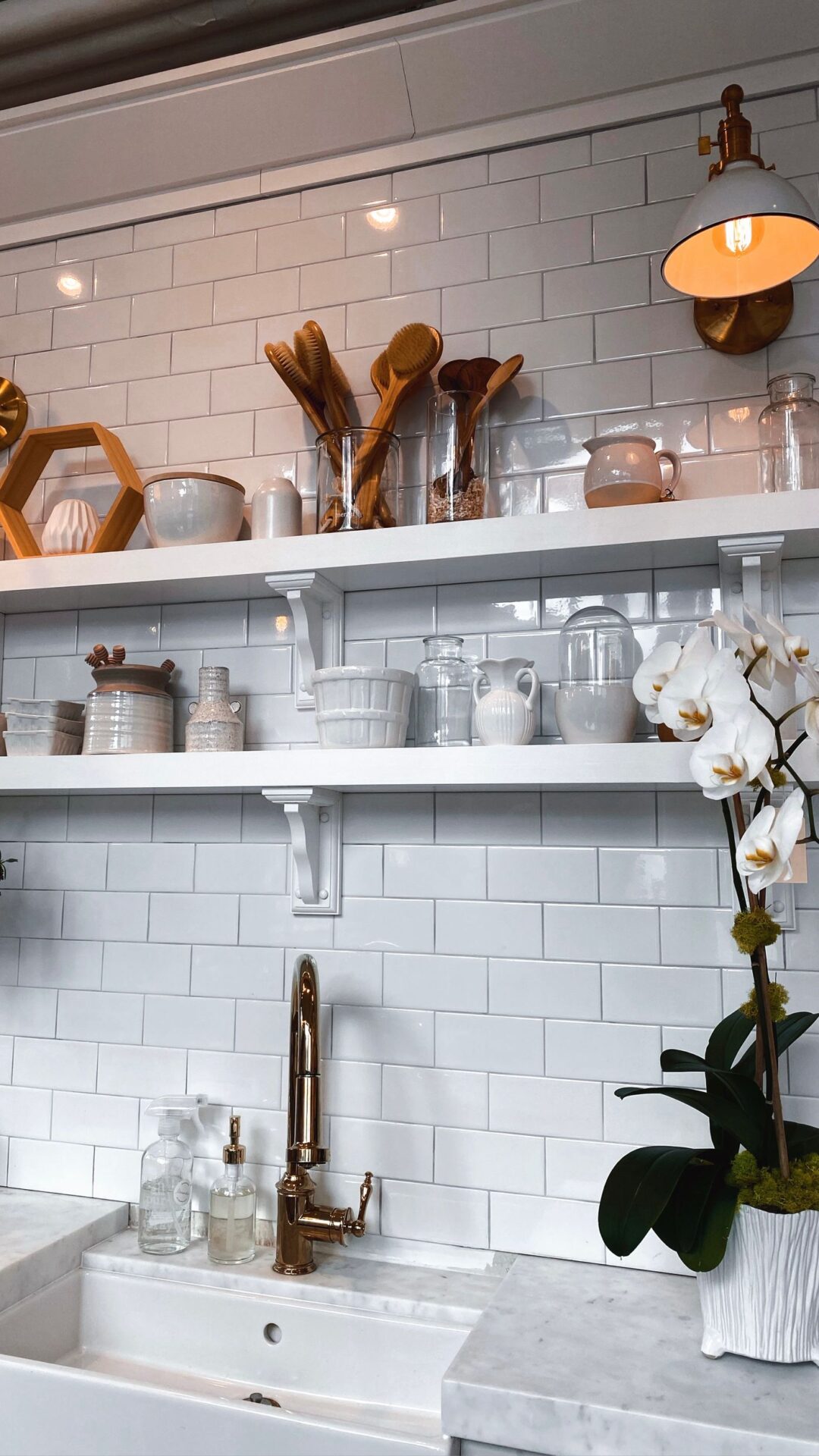 Premium white kitchenware on open shelving - antibacterial sponge line case study